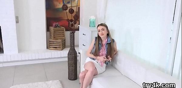  Erotic teen gives blowjob in pov and gets soft slit poked